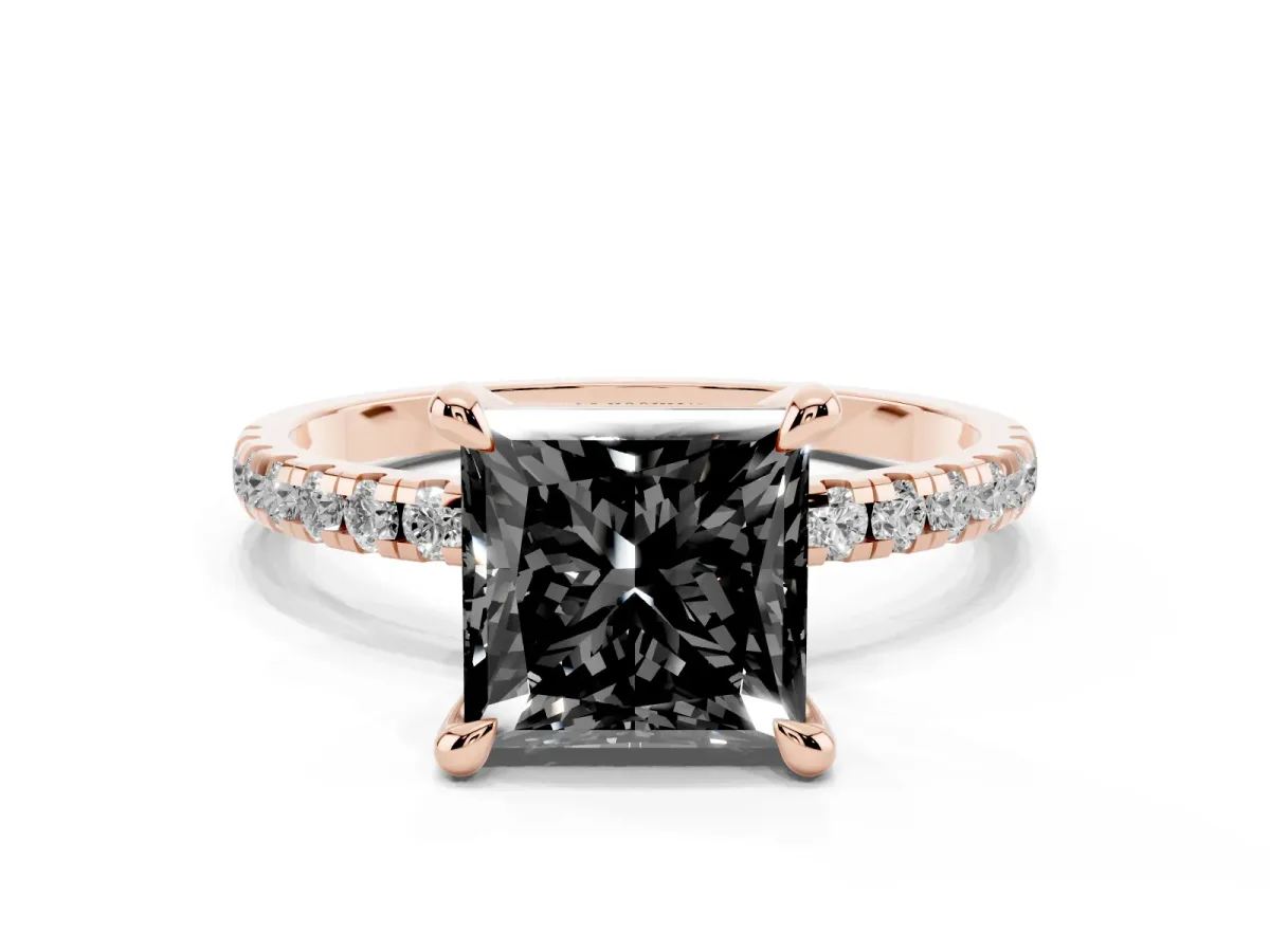 Fancy Black Princess Cut Diamond Brilliant Solitaire Ring with Pavé Band and Four-Prong Setting Rose gold