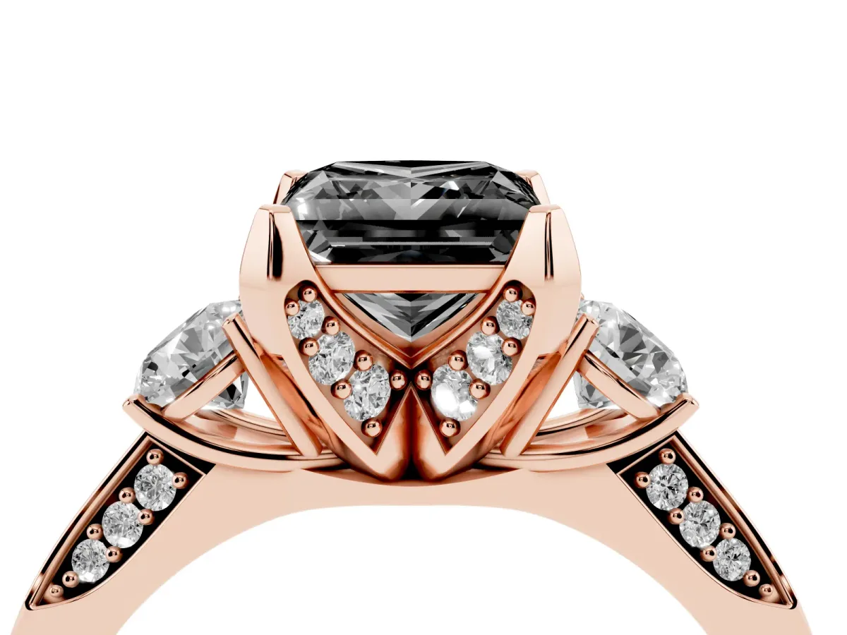 Fancy Black Princess Cut Brilliant Three-Stone Diamond Ring with Pavé Band and Four-Prong Setting Rose gold