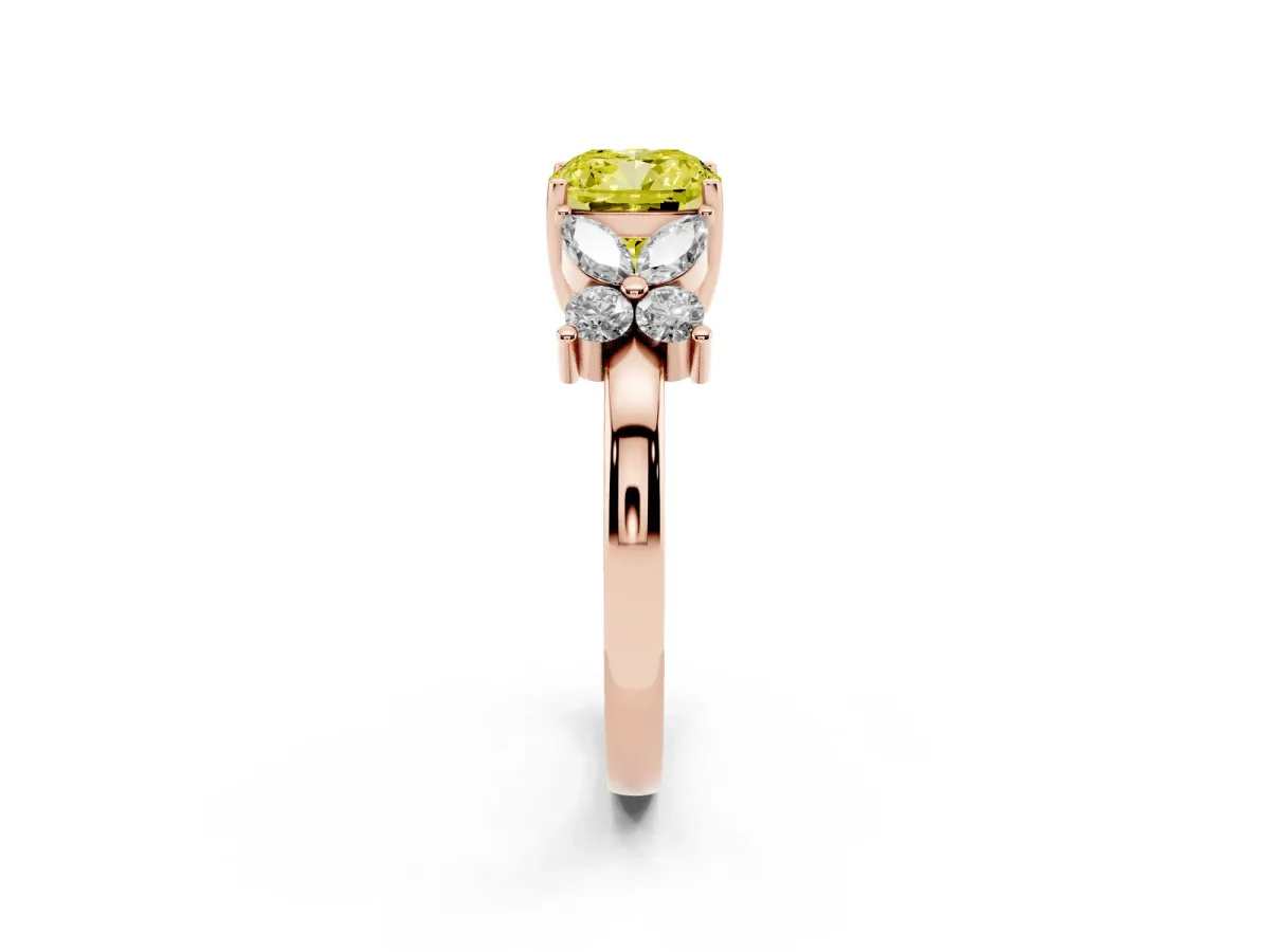 Fancy Yellow Cushion Cut Diamond Floral Cluster Ring with Solitaire Band and Prong Setting Rose gold