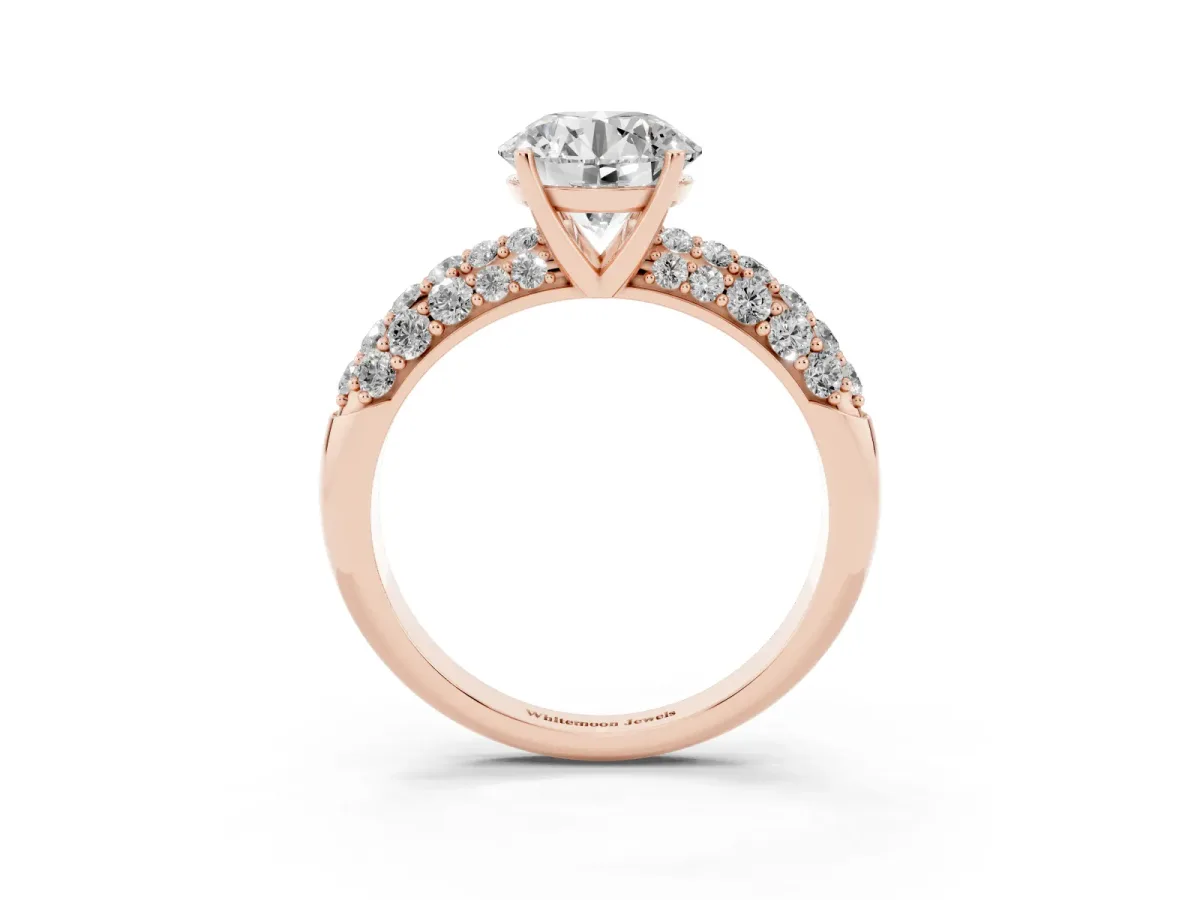 Round Cut Diamond Pavé Band Solitaire Ring with Four-Prong Setting Rose gold