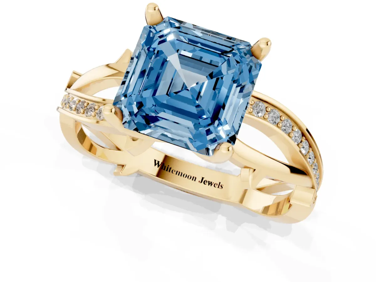 Fancy Blue Asscher Cut Solitaire Twist Band with Pavé Accents and Four-Prong Setting Yellow gold