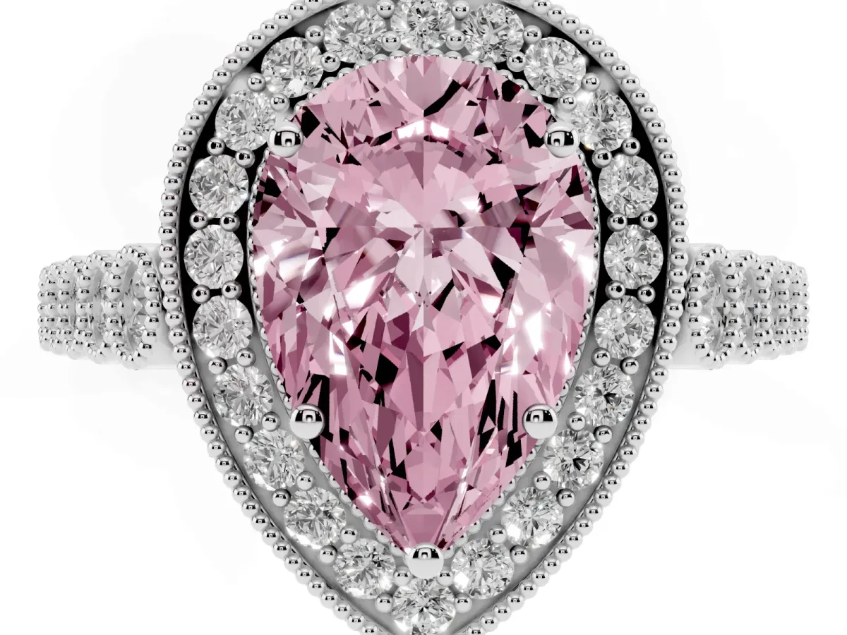 Fancy Pink Pear Cut Halo Twist Band Solitaire Ring with Six-Prong Setting Silver