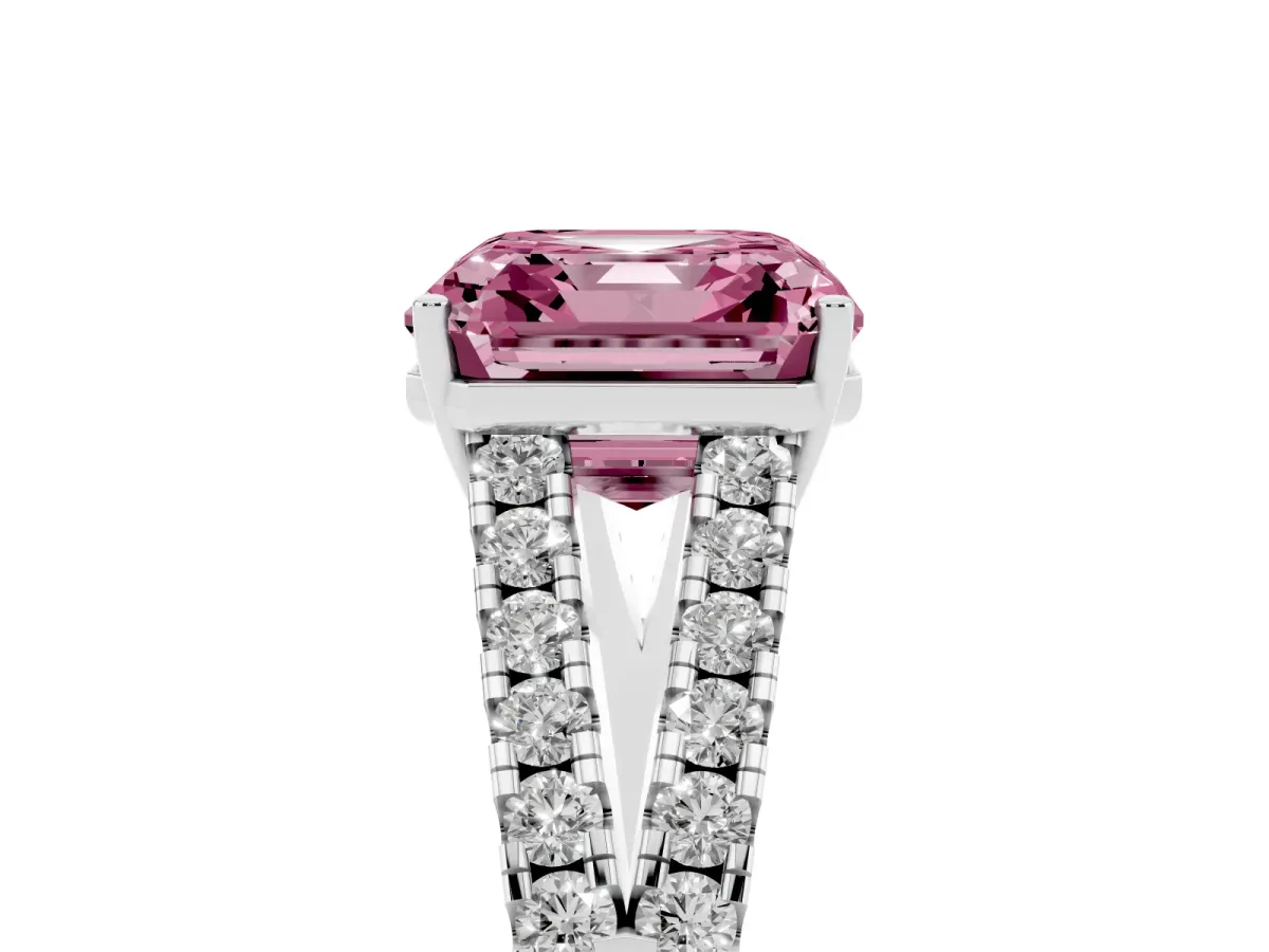 Fancy Pink Asscher Cut Diamond Split Shank Pavé Engagement Ring with Four-Prong Setting Silver