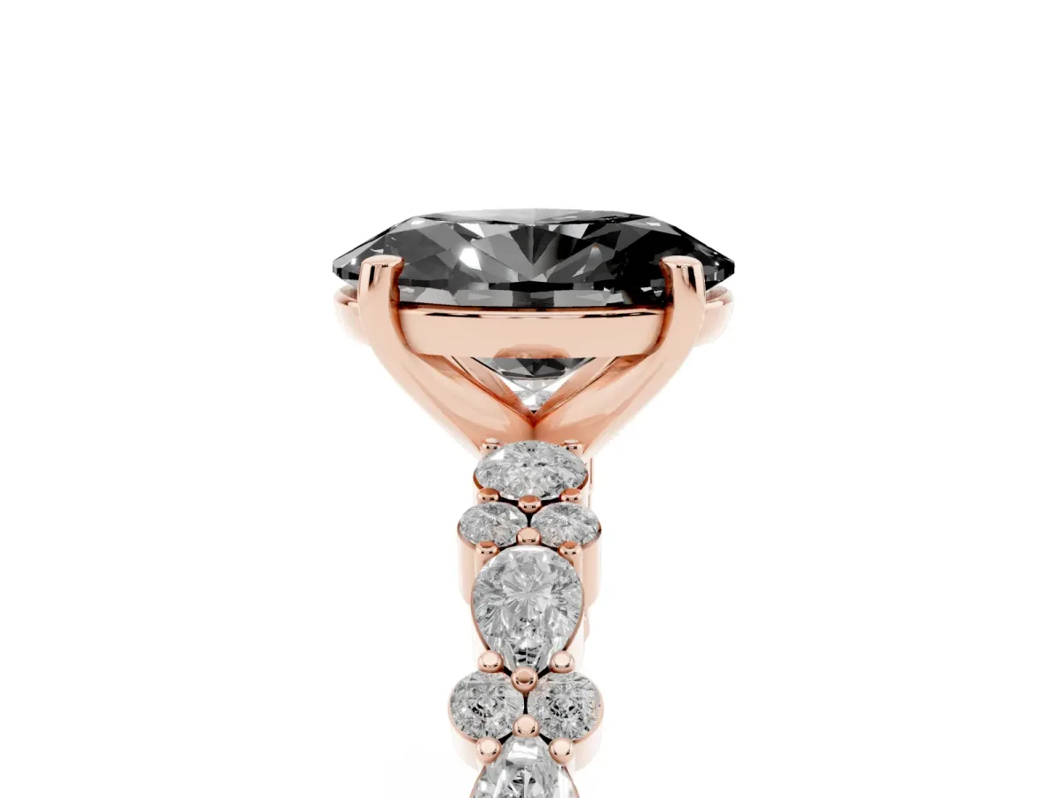 Fancy Black Oval Cut Diamond Side Stone Solitaire Ring with Round and Four-Prong Setting Rose gold