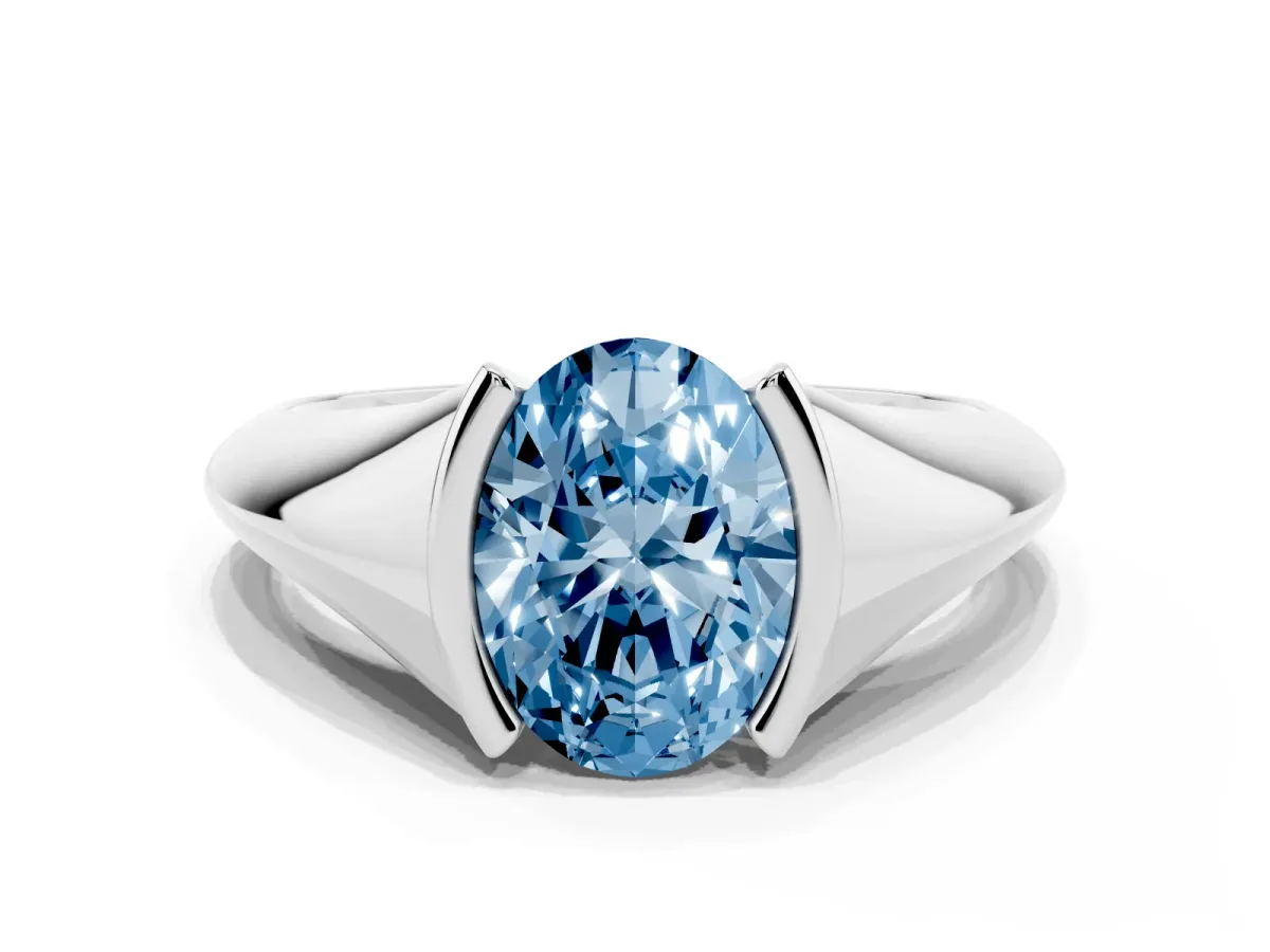 Fancy Blue Oval Cut Solitaire Tension Set Diamond Ring Silver