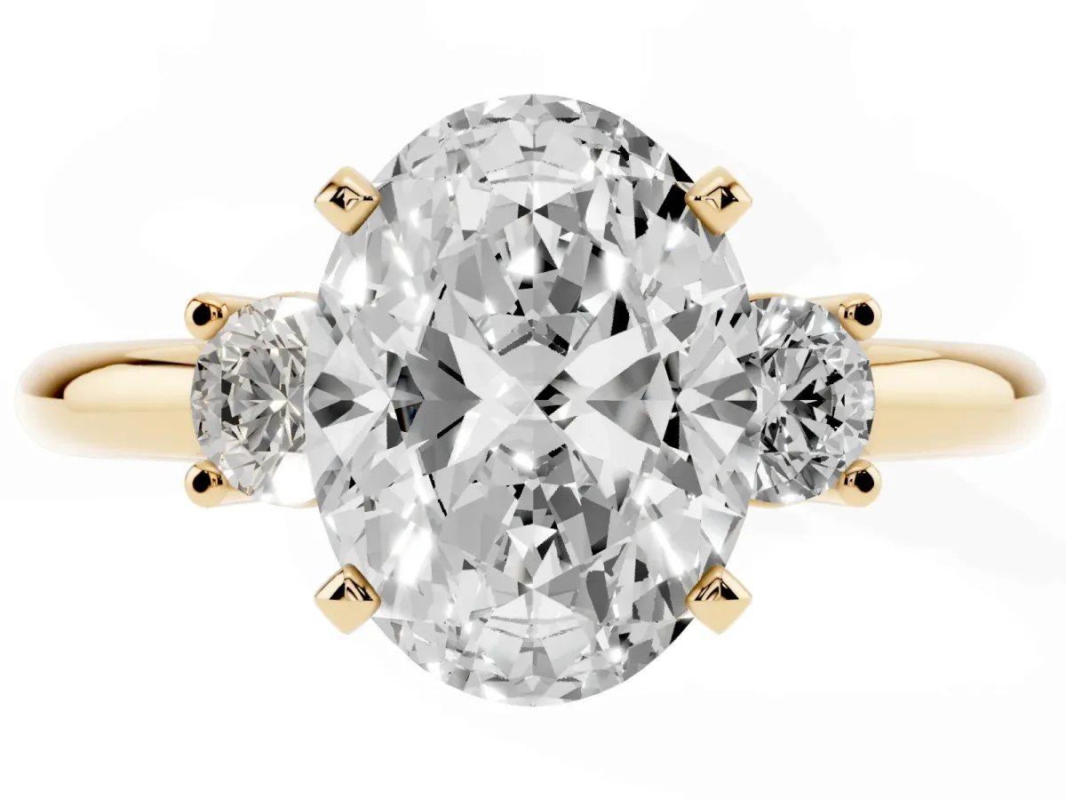 Three-Stone Oval Cut Cut Diamond Solitaire with Prong Setting and Classic Band Yellow gold