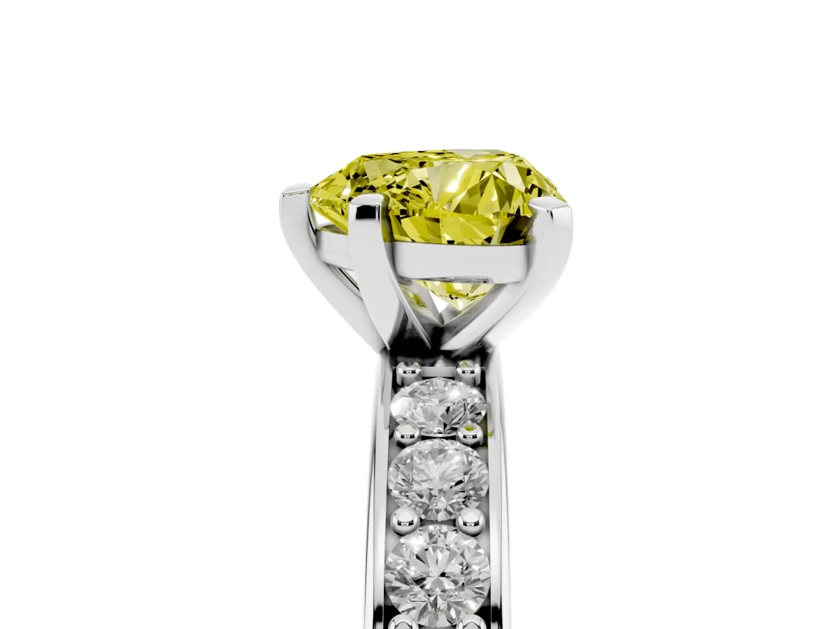 Fancy Yellow Heart Cut Diamond Engagement Ring with Channel Set Round Band and Prong Setting Silver