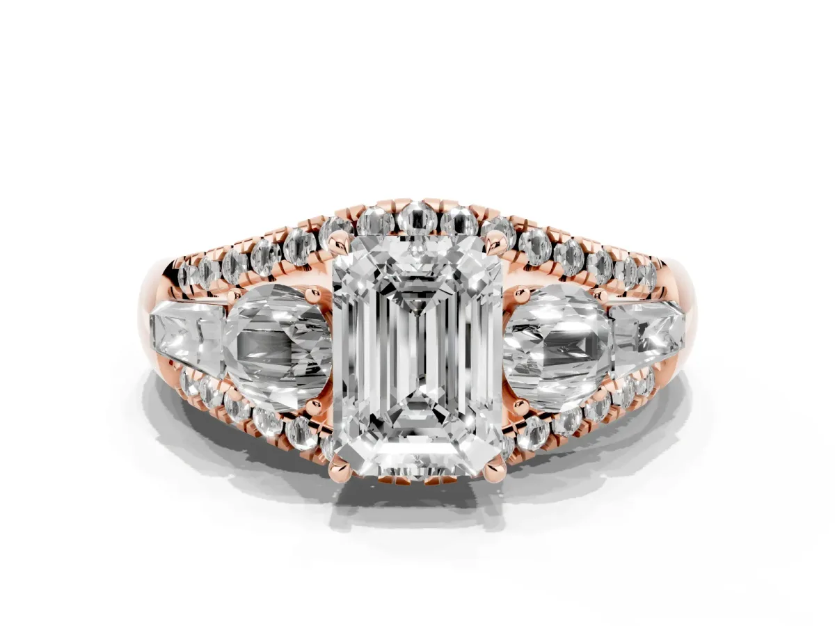 Three-Stone Emerald Cut Diamond Engagement Ring with Pave Band and Prong Setting Rose gold