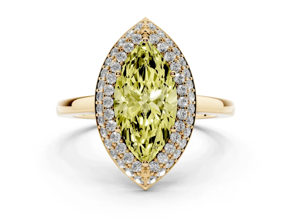 Fancy Yellow Marquise Cut Halo Diamond Engagement Ring with Solitaire Band and Four-Prong Setting Yellow gold