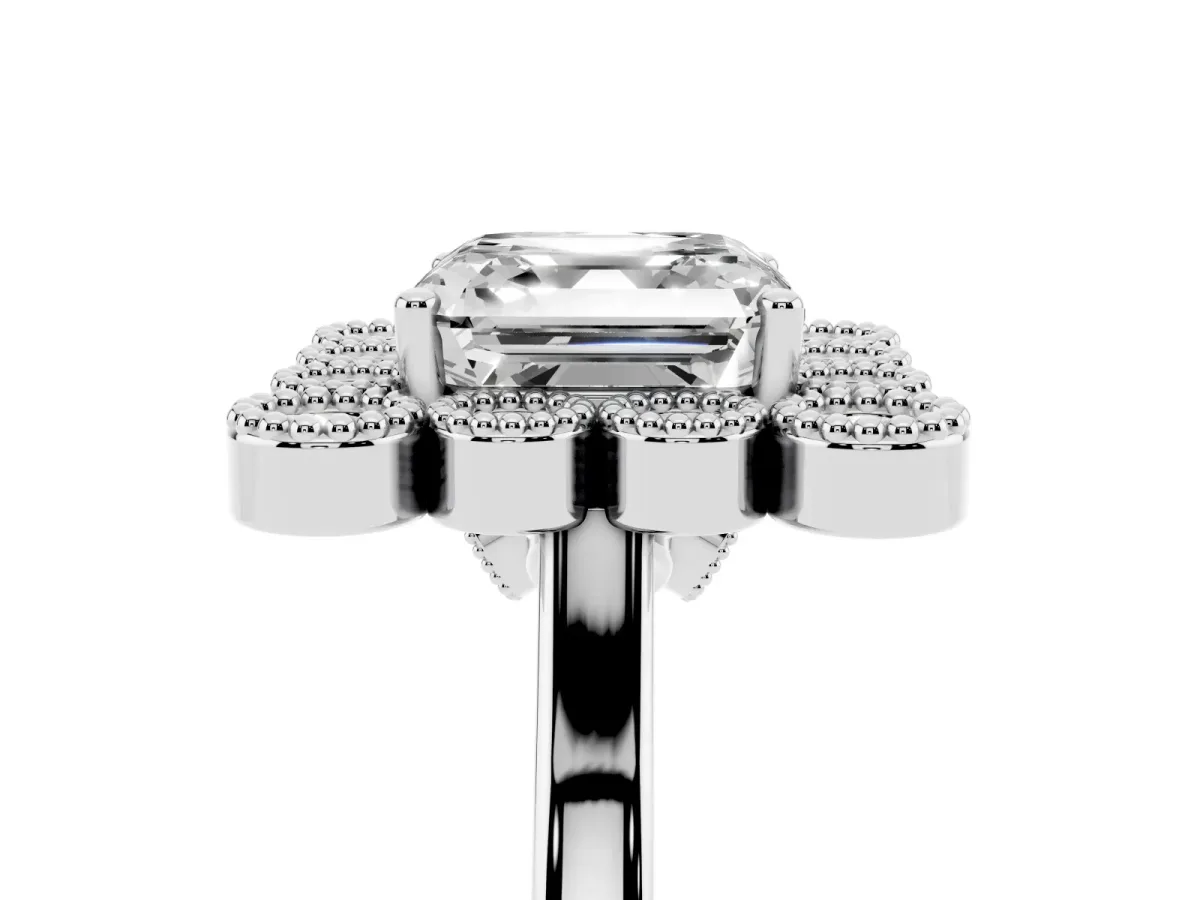 Asscher Cut Halo Diamond Cluster Engagement Ring with Milgrain Bezel Setting and Solitaire Band Platinum