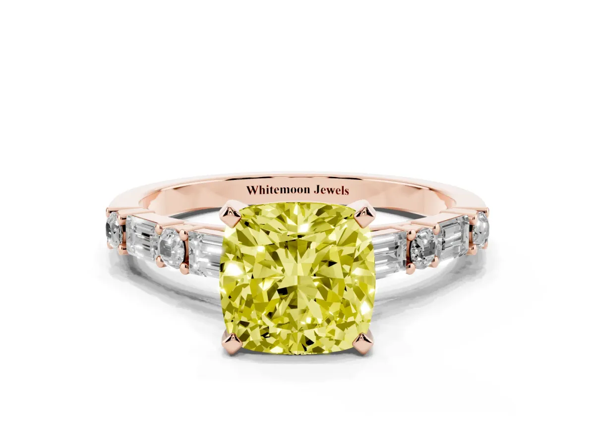 Fancy Yellow Cushion Cut Diamond Solitaire with Side Baguettes and Channel Set Band Rose gold
