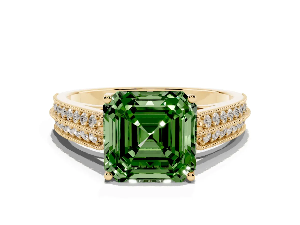 Fancy Green Asscher Cut Cut Pave Split Shank Engagement Ring with Four-Prong Setting Yellow gold