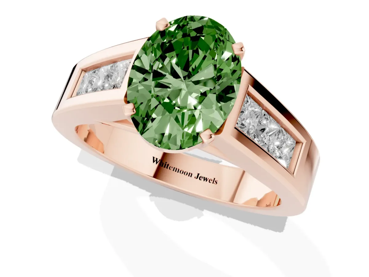 Fancy Green Oval Cut Cut Channel Set Solitaire Ring with Four-Prong Setting Rose gold