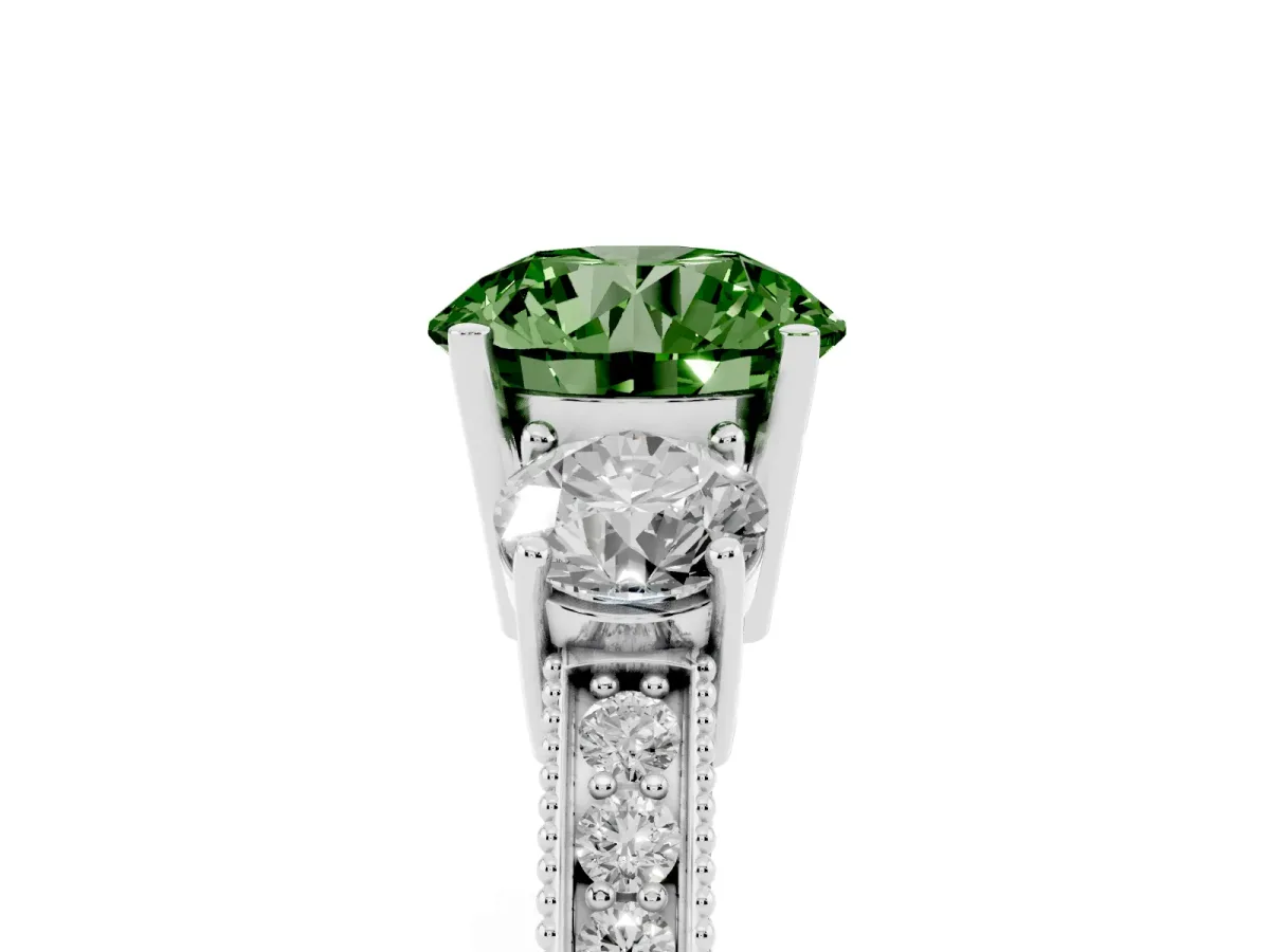 Fancy Green Round Cut Three-Stone Diamond Ring with Pavé Band and Four-Prong Setting Silver