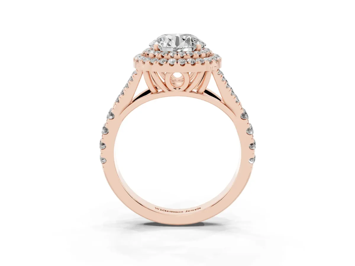Round Cut Diamond Pavé Split Shank Double Halo Engagement Ring Rose gold