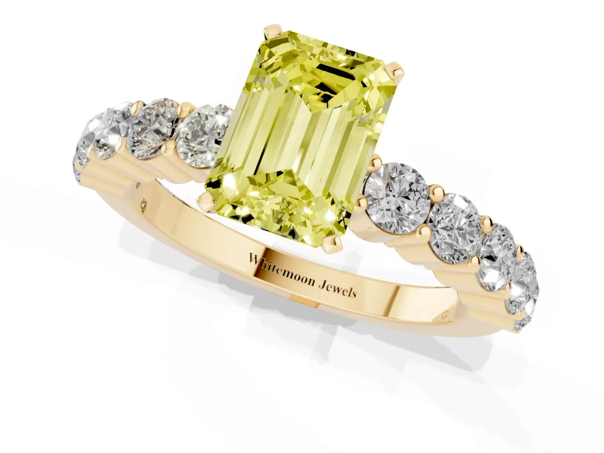 Fancy Yellow Emerald Cut Diamond Solitaire Ring with Shared Prong Round Side Stones Yellow gold