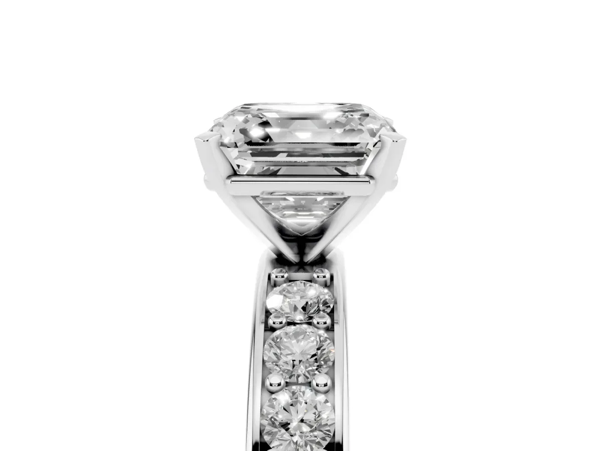 Asscher Cut Diamond Engagement Ring with Channel Set Round Band and Prong Setting White gold