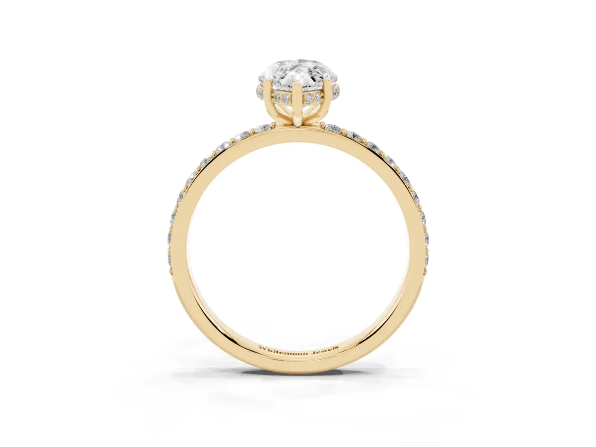 Marquise Cut Diamond Solitaire Ring with Pavé Band and Hidden Halo Yellow gold