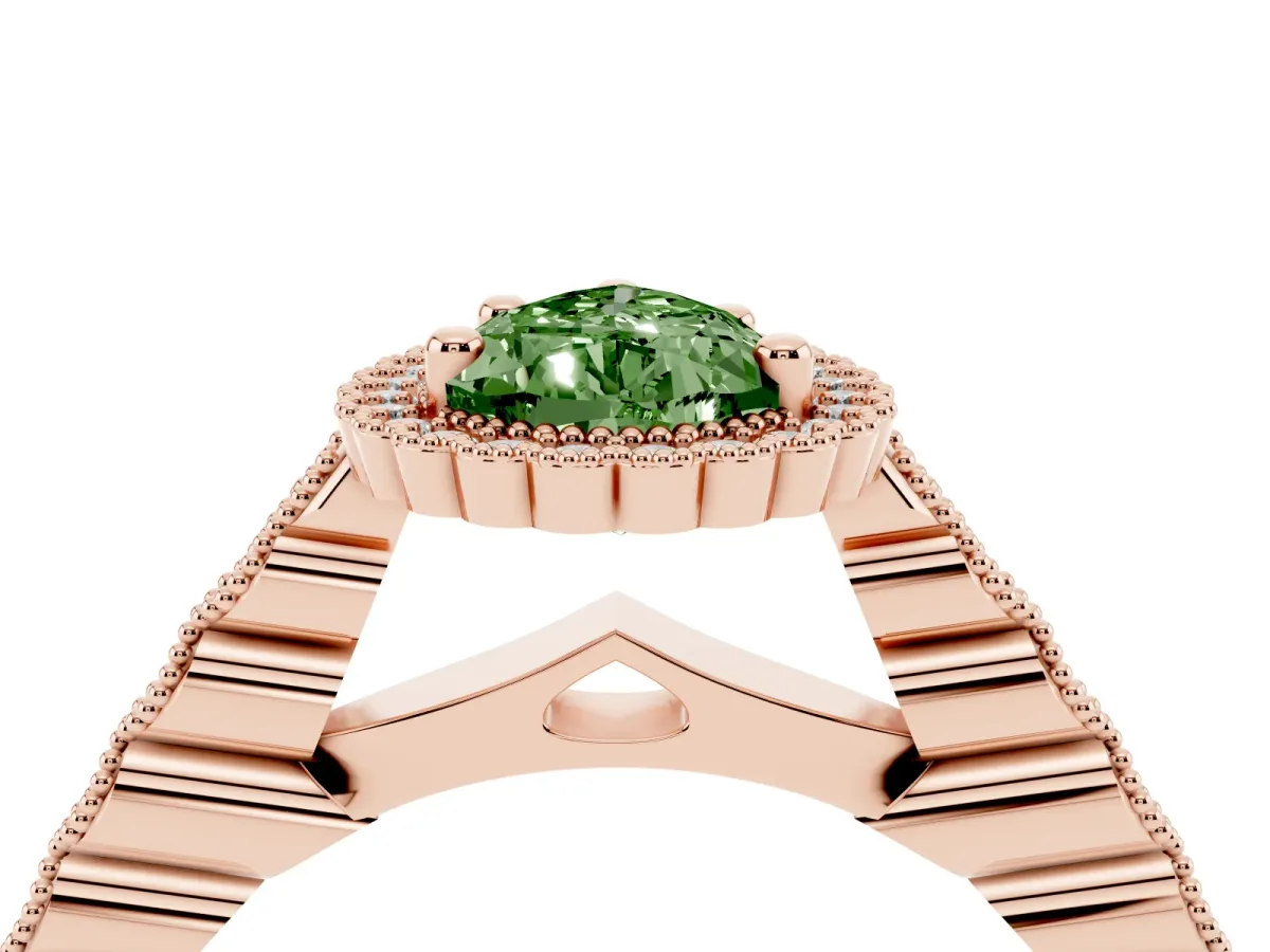 Fancy Green Pear Cut Cut Halo Pavé Solitaire Ring with Milgrain Band Rose gold