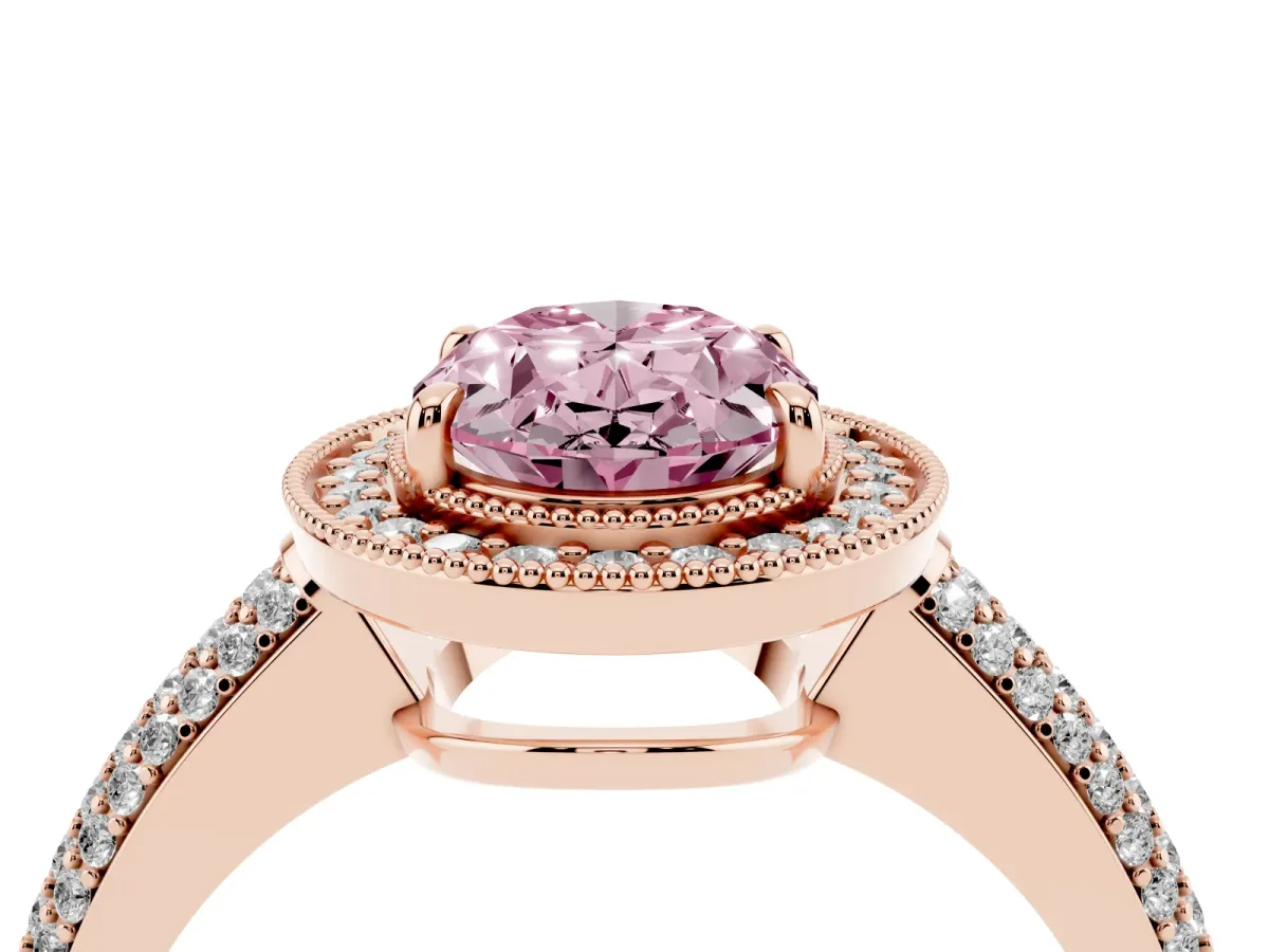 Fancy Pink Oval Cut Cut Halo Diamond Pave Band with Four-Prong Setting Rose gold