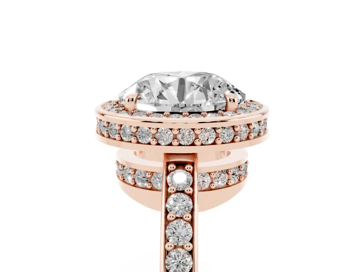 Round Cut Halo Pave Band Solitaire Ring with Prong Setting Rose gold