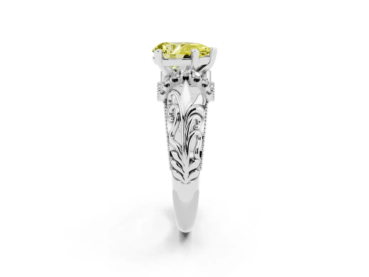 Fancy Yellow Pear Cut Solitaire Filigree Engagement Ring with Halo and Prong Setting Silver