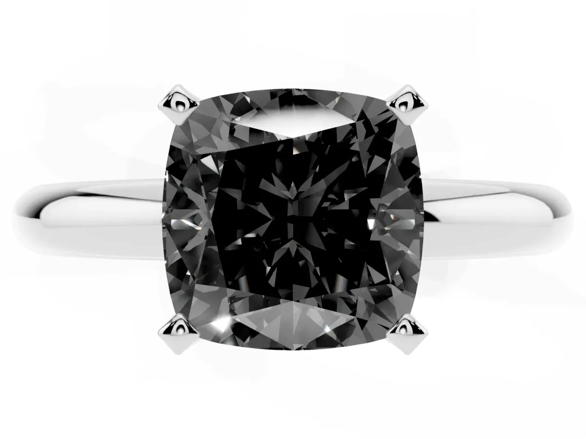 Fancy Black Cushion Cut Diamond Solitaire Engagement Ring with Round Band and Four-Prong Setting Platinum
