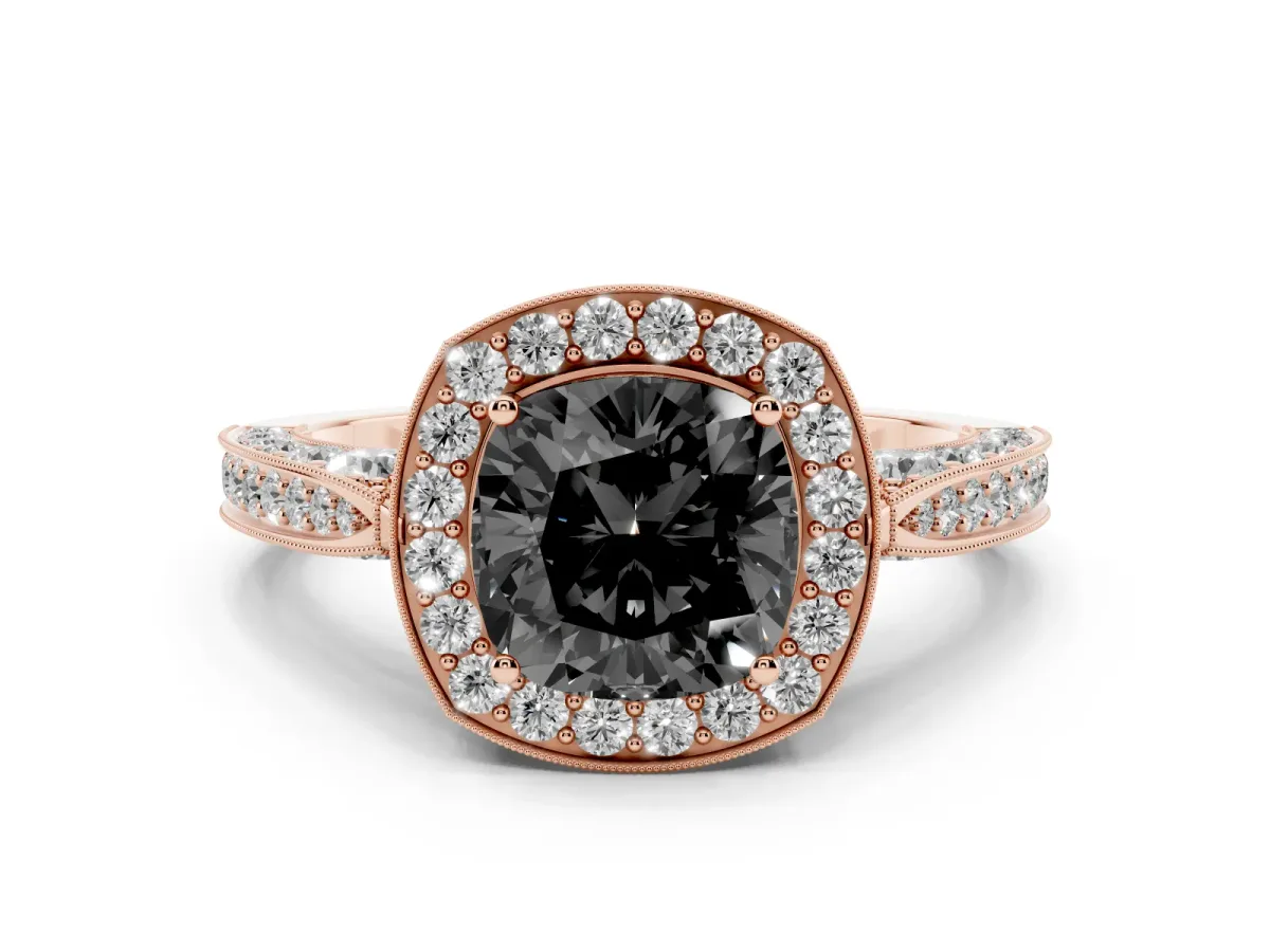Fancy Black Cushion Cut Halo Diamond Engagement Ring with Split Shank Band and Four-Prong Setting Rose gold