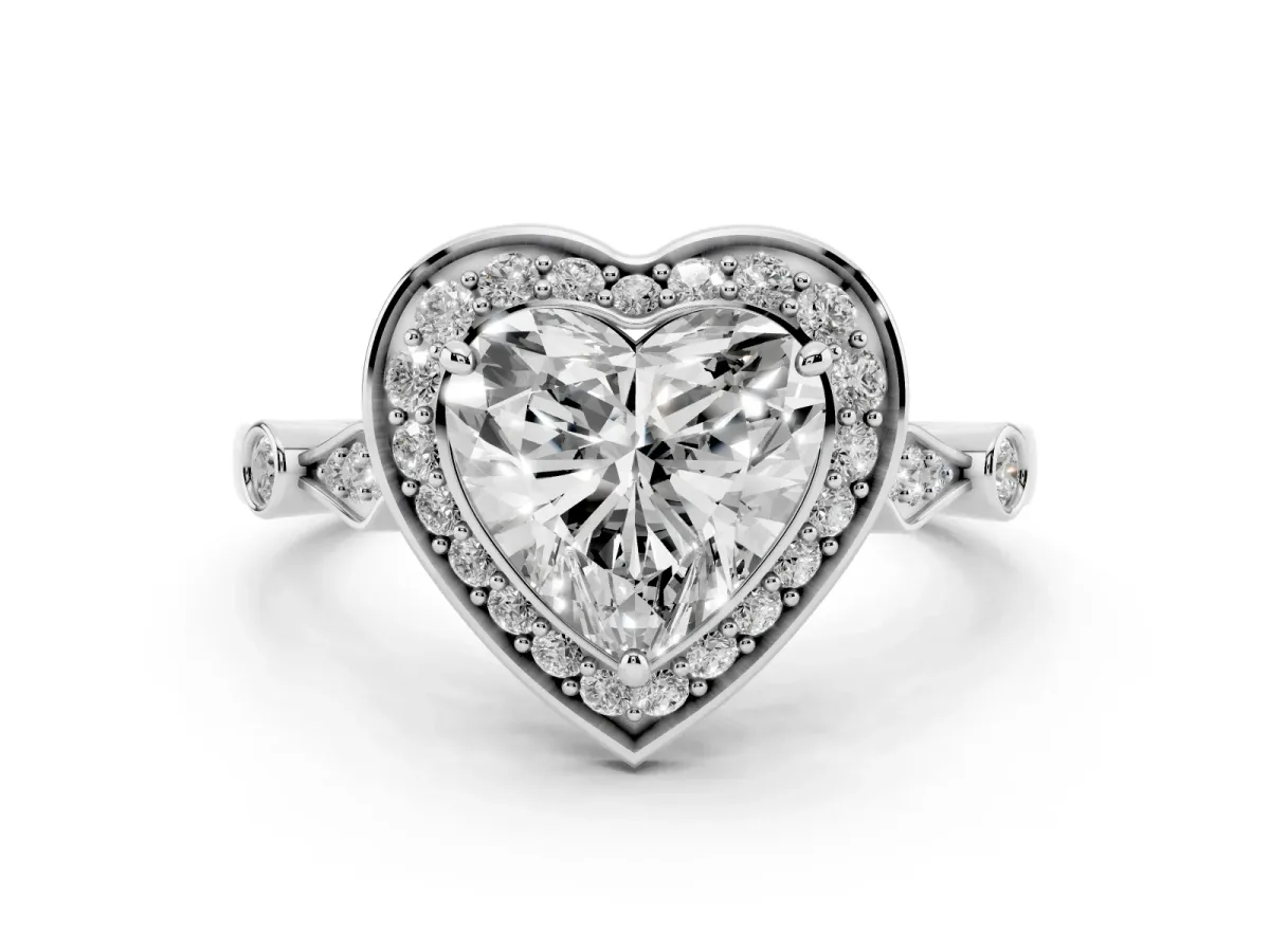 Heart Cut Halo Diamond Engagement Ring with Twisted Band and Four-Prong Setting White gold