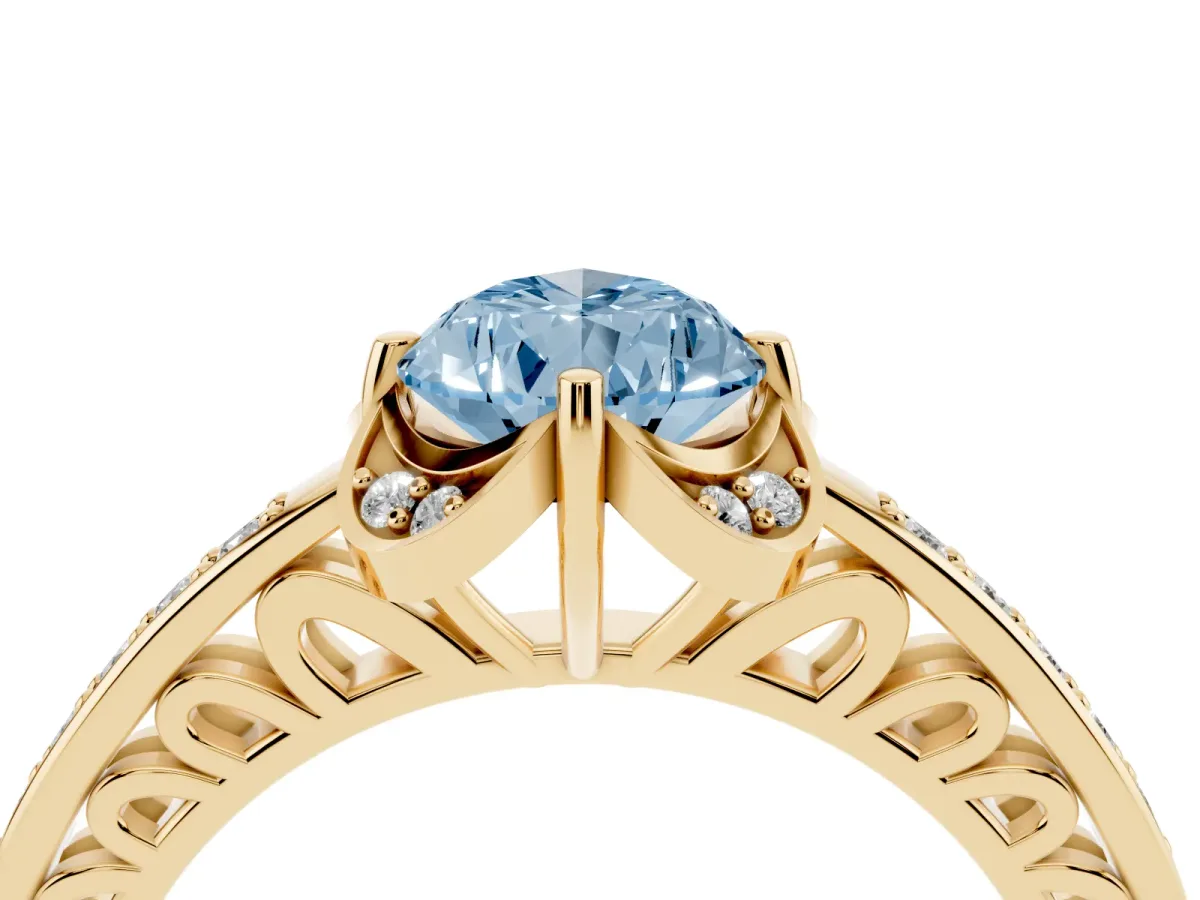 Fancy Blue Pear Cut Cut Halo Diamond Ring with Channel Set Band and Four-Prong Setting Yellow gold