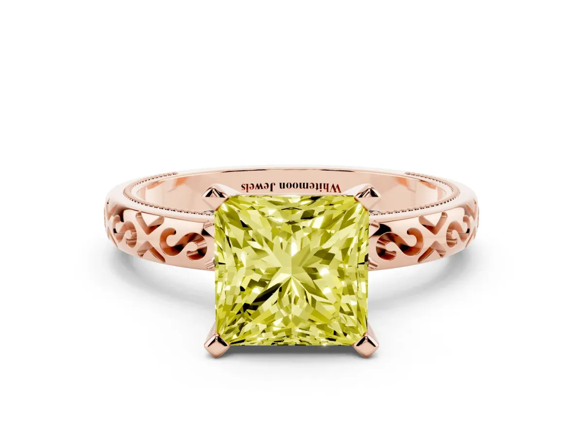 Fancy Yellow Princess Cut Solitaire Engagement Ring with Scrollwork Band and Four-Prong Setting Rose gold