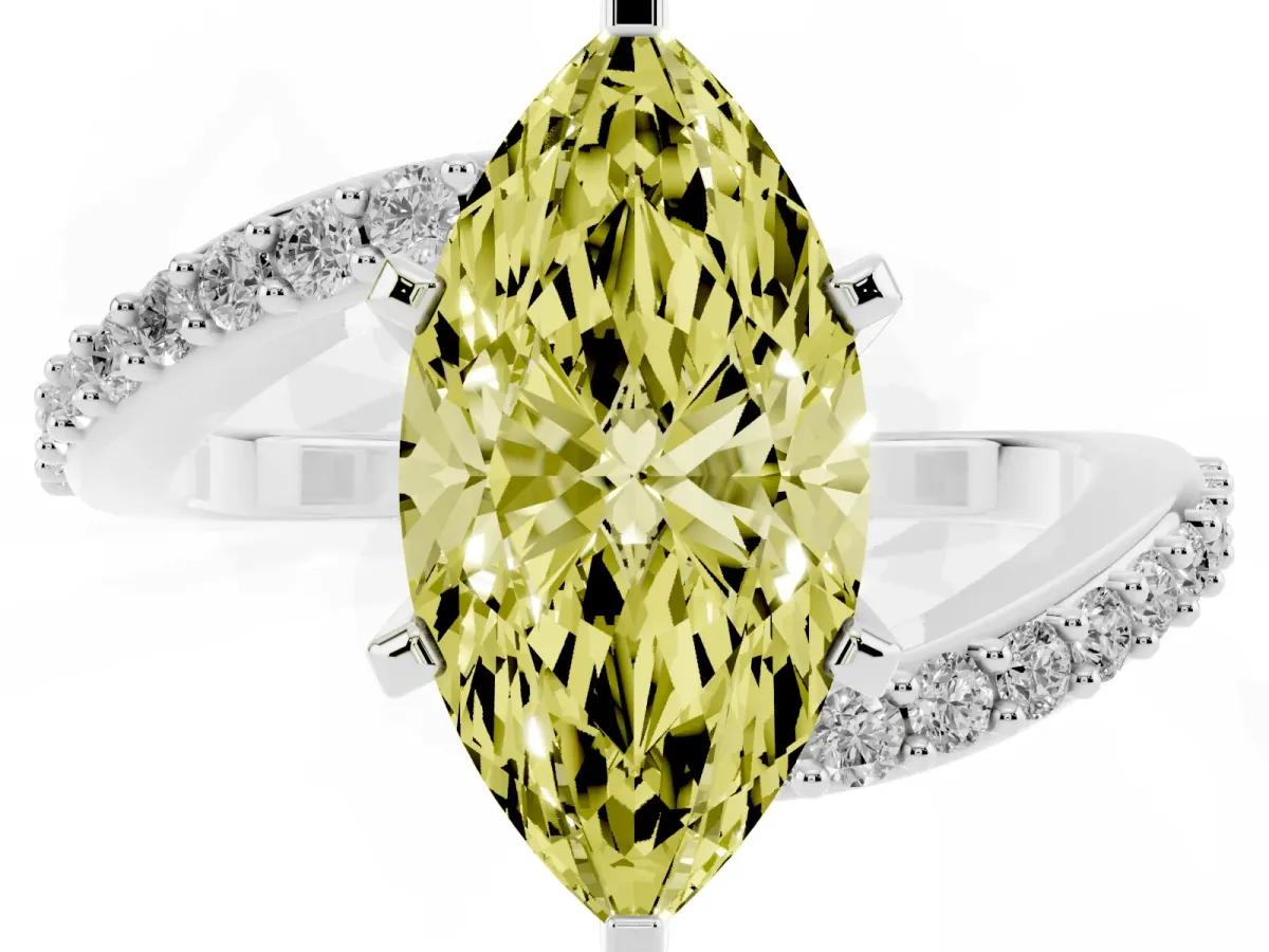 Fancy Yellow Marquise Cut Solitaire Twist Band with Pave Set Diamonds and Four-Prong Setting White gold