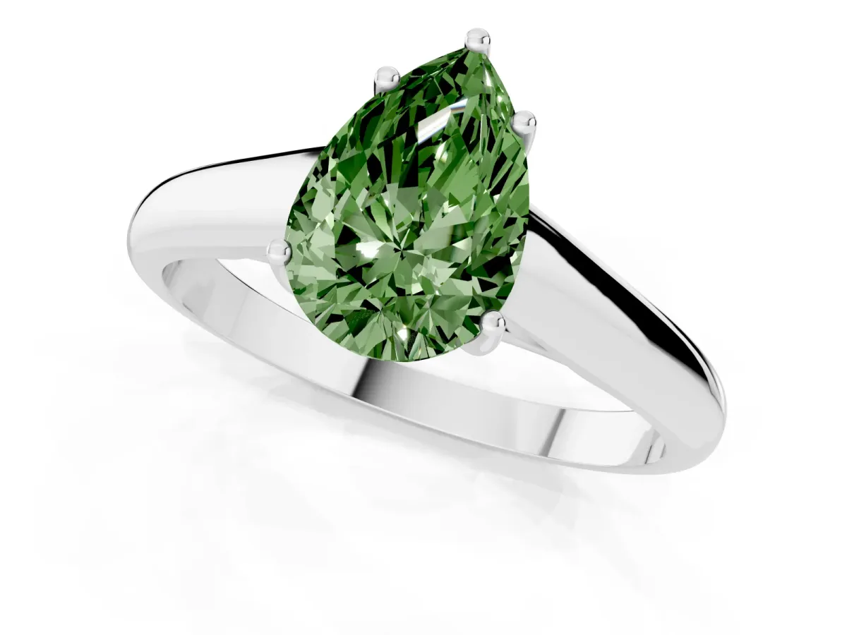 Fancy Green Pear Cut Solitaire Engagement Ring with Tapered Band and Four-Prong Setting Platinum