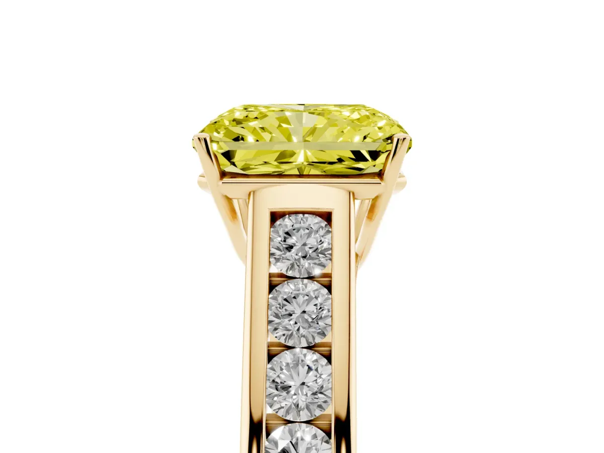 Fancy Yellow Radiant Cut Solitaire Channel-Set Diamond Engagement Ring with Four-Prong Setting Yellow gold