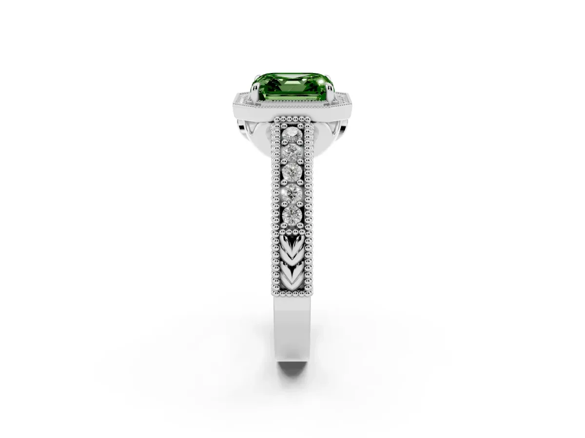Fancy Green Asscher Cut Cut Halo Diamond Ring with Pavé Band and Four-Prong Setting Platinum