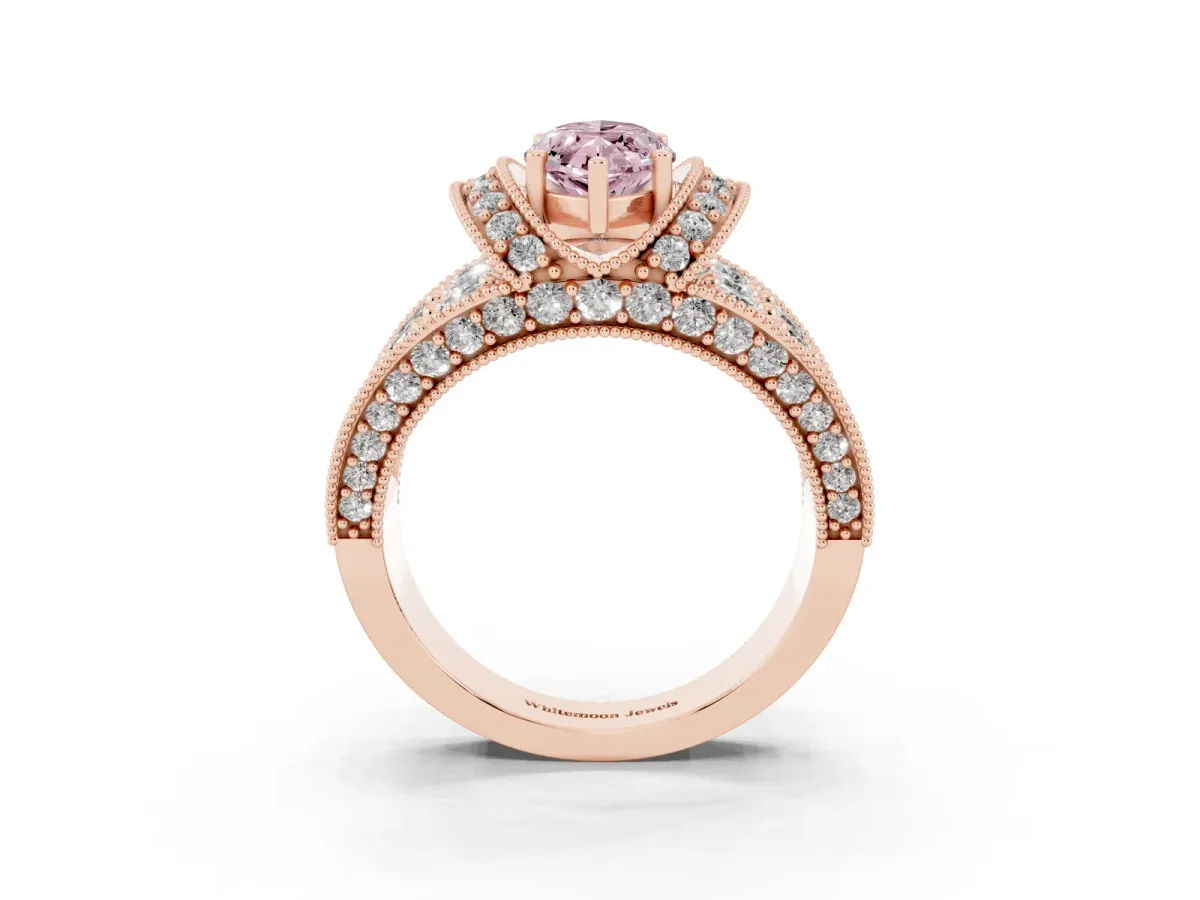 Fancy Pink Marquise Cut Halo Pave Diamond Engagement Ring with Milgrain Detailing Rose gold