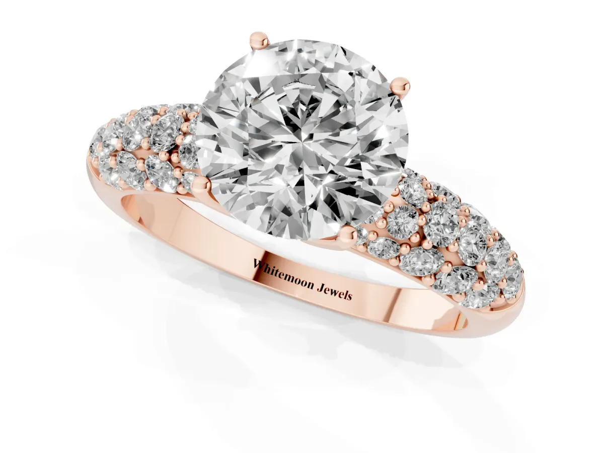 Round Cut Diamond Pavé Band Solitaire Ring with Four-Prong Setting Rose gold
