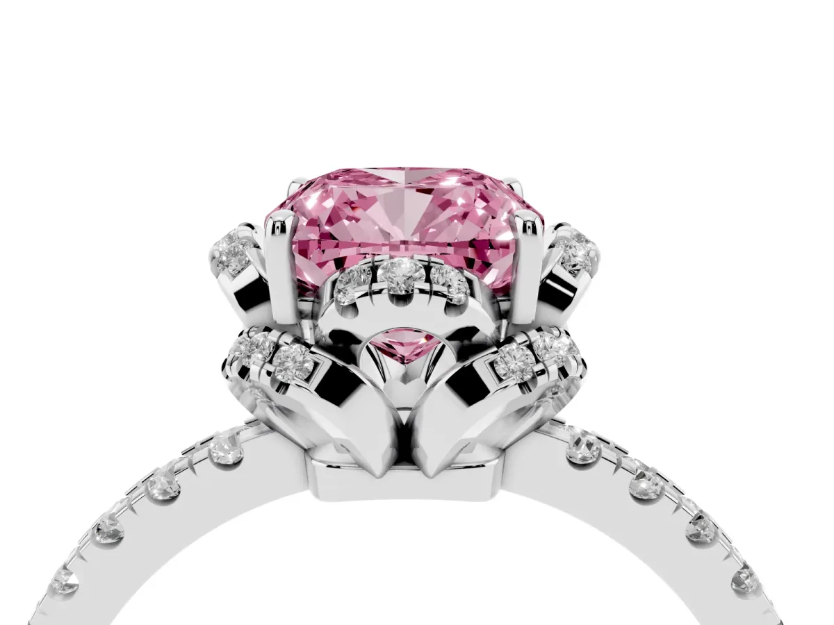 Fancy Pink Cushion Cut Diamond Halo Pave Band with Four-Prong Setting Silver