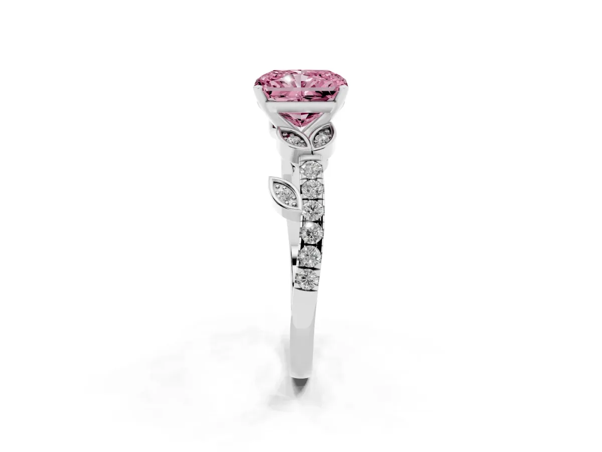 Fancy Pink Radiant Cut Solitaire Leaf-Inspired Diamond Ring with Pavé Band and Four-Prong Setting Silver