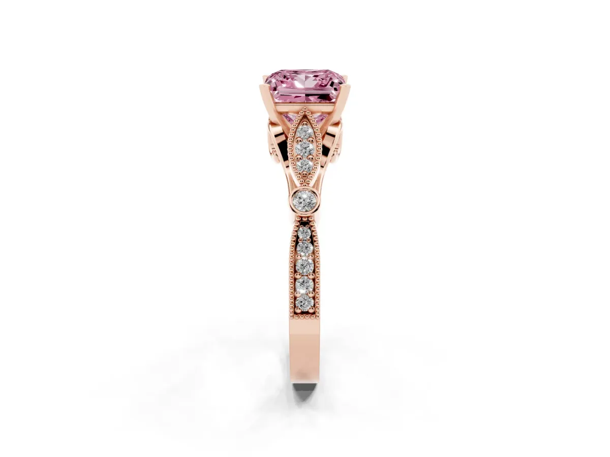Fancy Pink Princess Cut Cut Diamond with Milgrain Marquise and Bezel Accents on a Solitaire Band with Prong Setting Rose gold