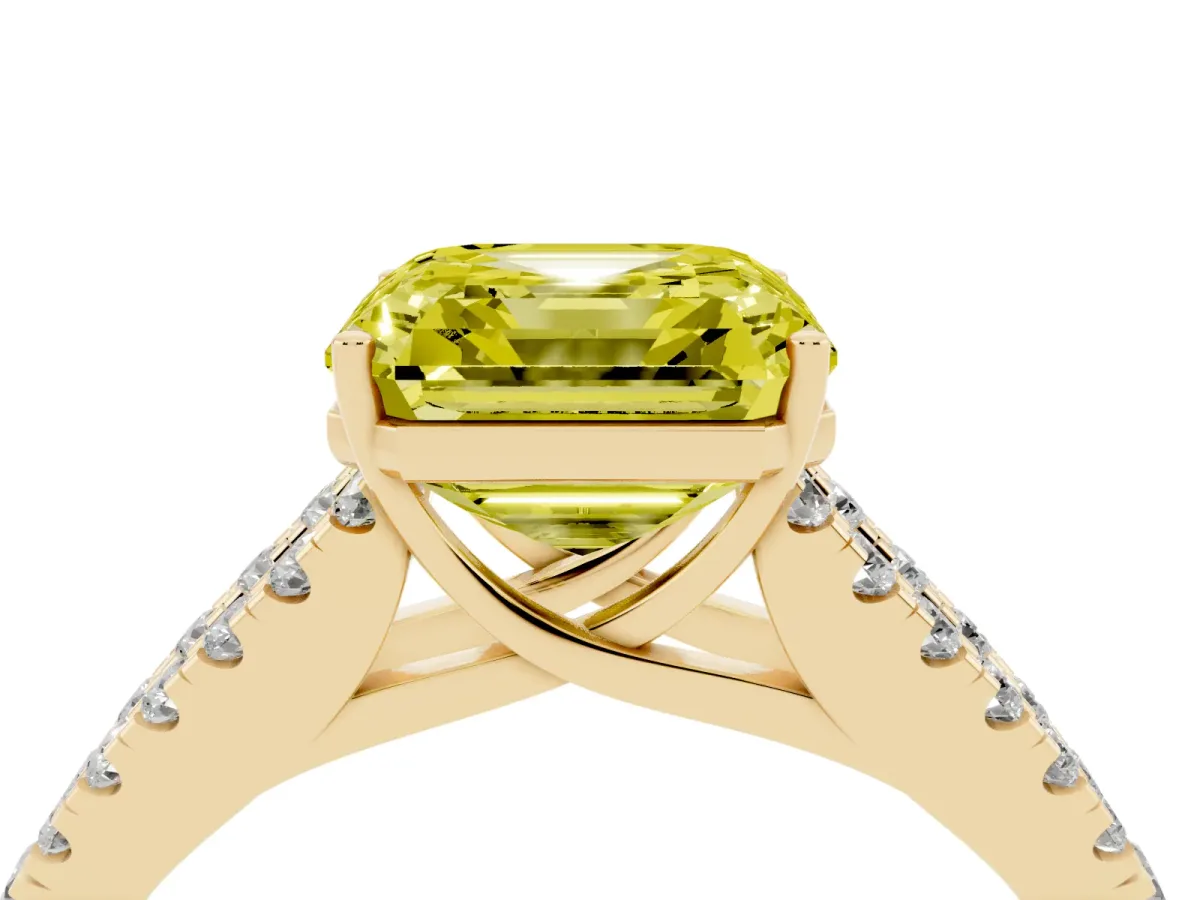 Fancy Yellow Asscher Cut Diamond Split Shank Engagement Ring with Round Pavé and Prong Setting Yellow gold