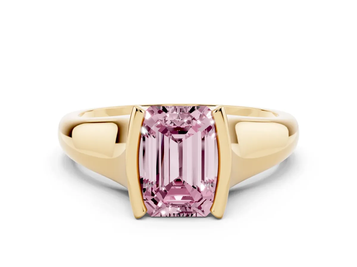 Fancy Pink Emerald Cut Solitaire Tension Set Diamond Ring with Split Shank Band Yellow gold