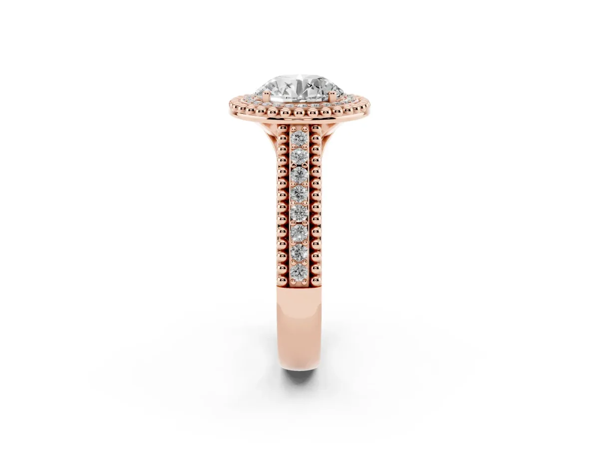Round Cut Halo Diamond Ring with Beaded Split Shank and Four-Prong Setting Rose gold