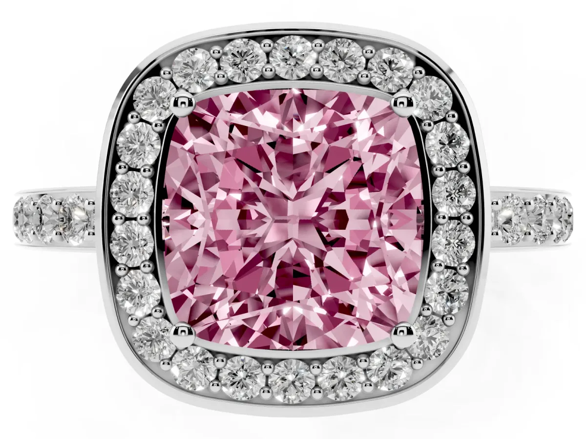 Fancy Pink Cushion Cut Diamond Halo Ring with Bezel Frame and Pavé Band Silver