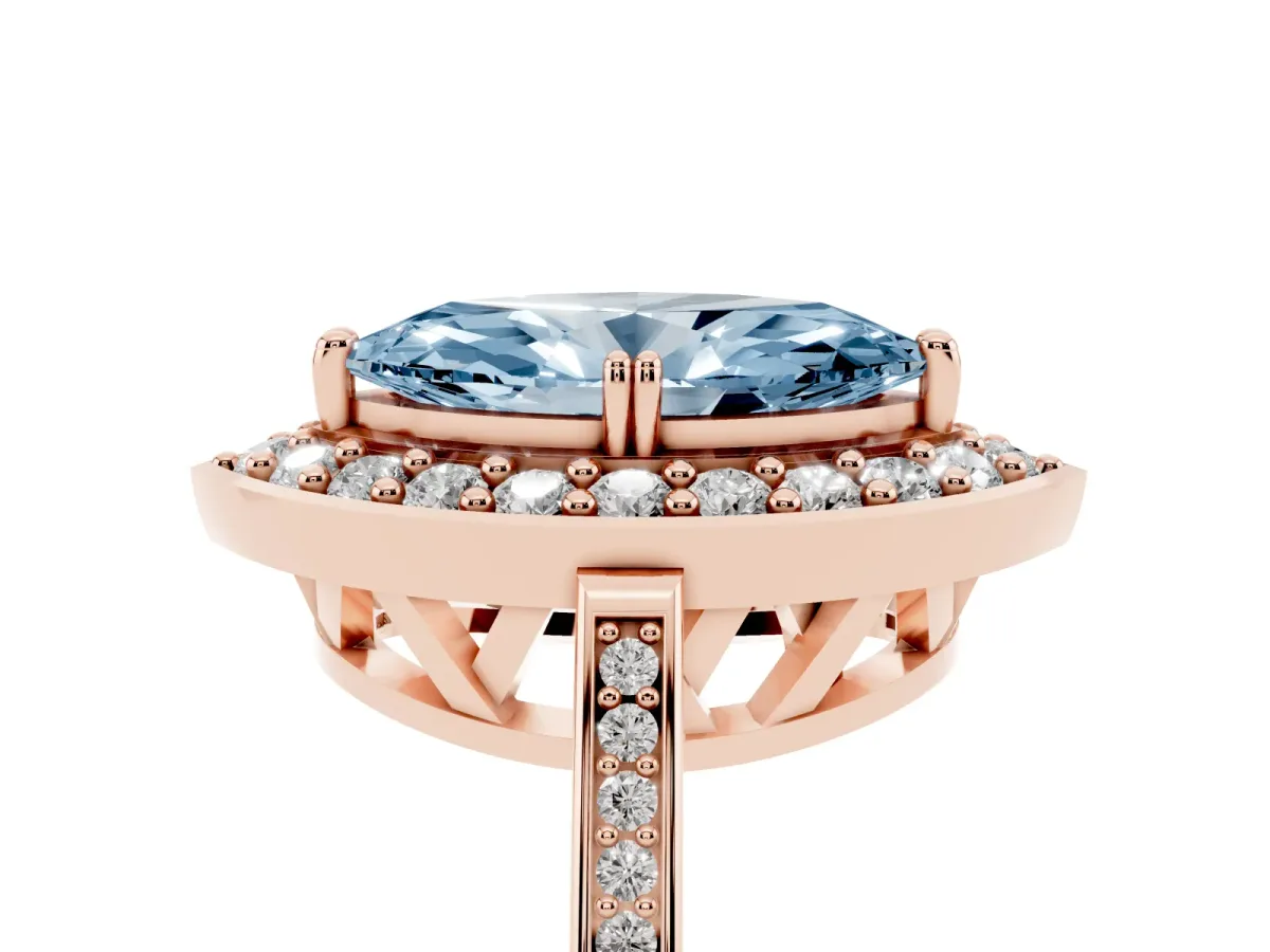 Fancy Blue Marquise Cut Diamond Halo Ring with Split Shank and Four-Prong Setting Rose gold