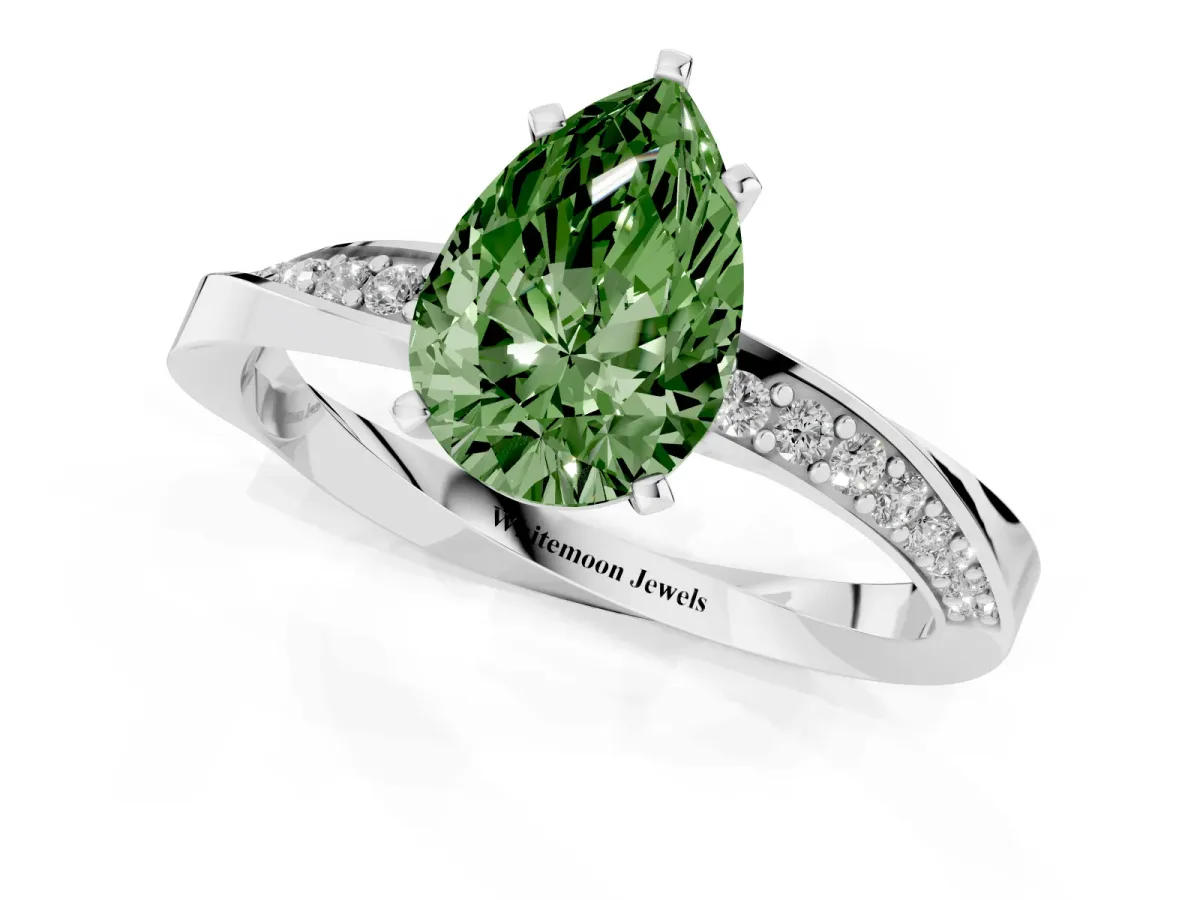 Fancy Green Pear Cut Diamond Engagement Ring with Side Stone Accents and Four-Prong Setting Platinum