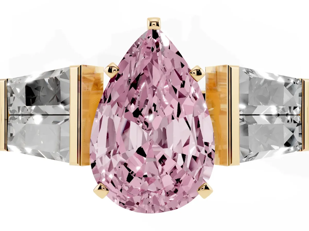 Fancy Pink Pear Cut Diamond Engagement Ring with Baguette Side Stones and Channel Set Band Yellow gold