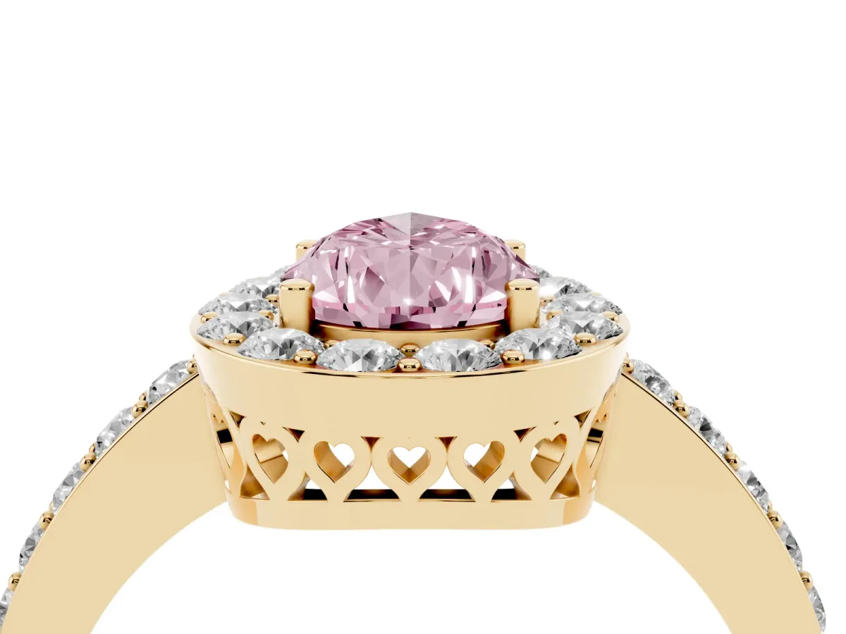 Fancy Pink Pear Cut Halo Diamond Pavé Band Ring with Prong Setting Yellow gold