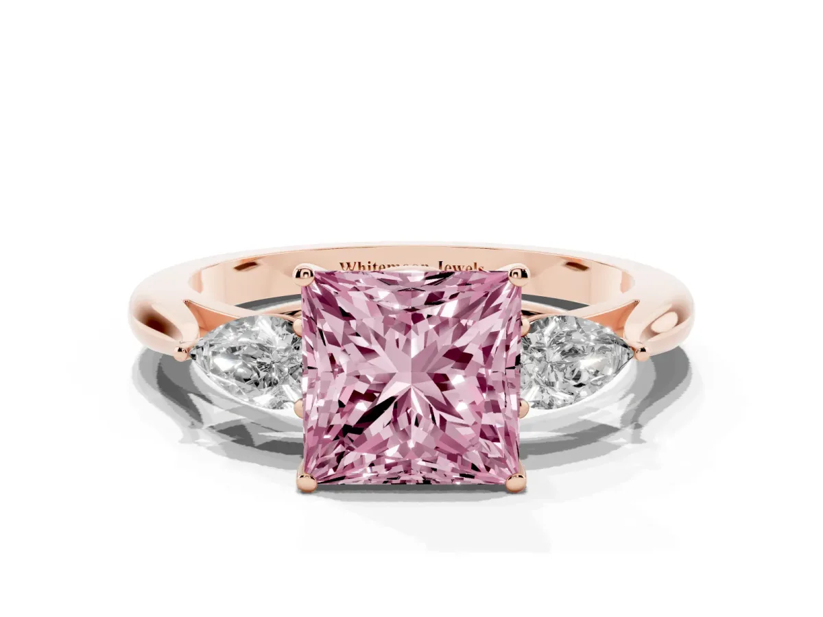 Fancy Pink Princess Cut Diamond Three-Stone Ring with Pear Side Stones and Prong Setting Rose gold