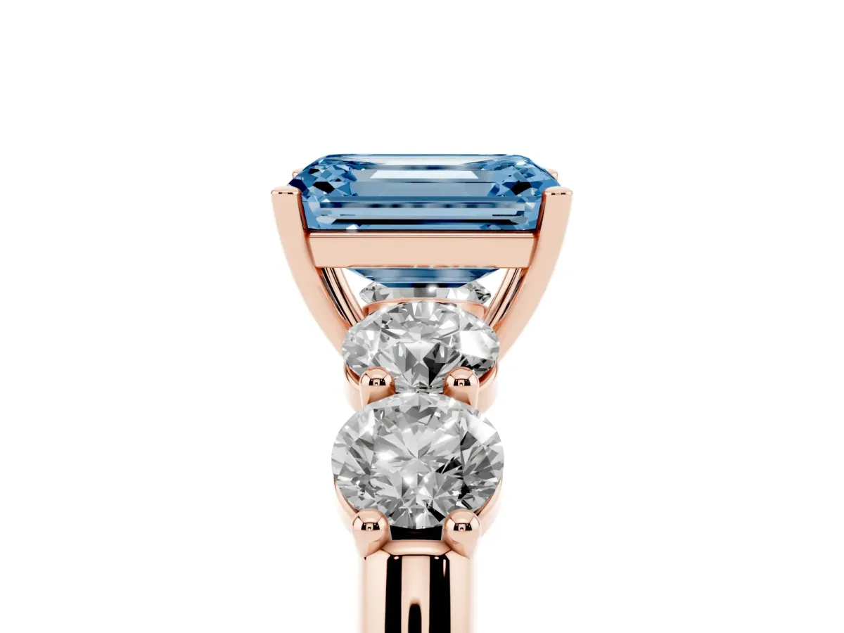 Fancy Blue Emerald Cut Cut Five-Stone Prong Set Diamond Ring with Classic Band Rose gold